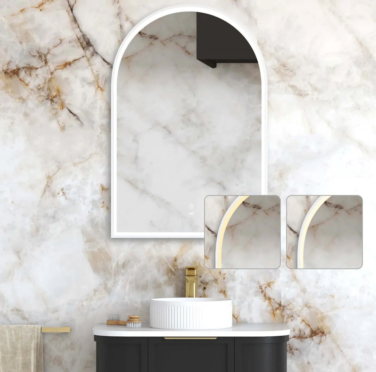 Bathroom setup with a sink, mirror, and decorative items against a marble wall.