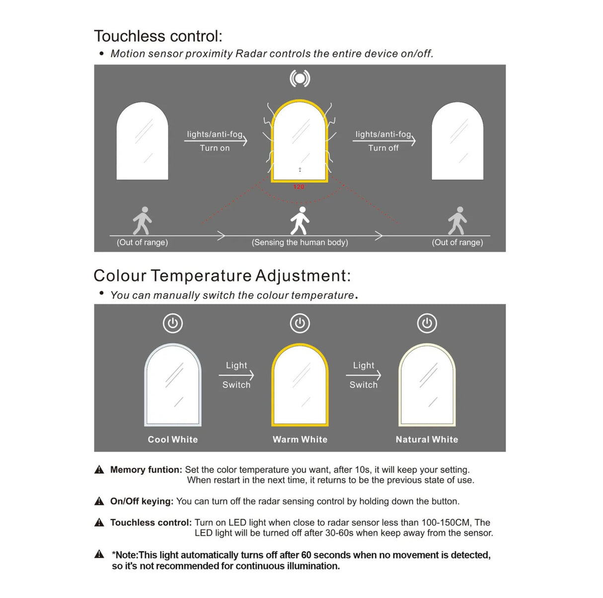 Diagram explaining touchless control and color temperature adjustment for a light fixture.