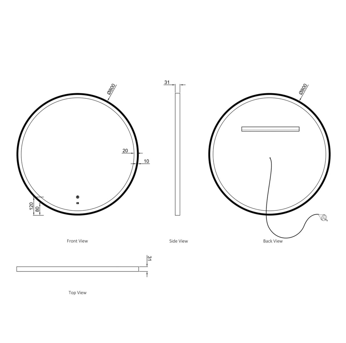Technical drawing of a round mirror with measurements from multiple angles on a white background.