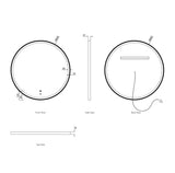 Technical drawing of a round mirror with measurements from multiple angles on a white background.