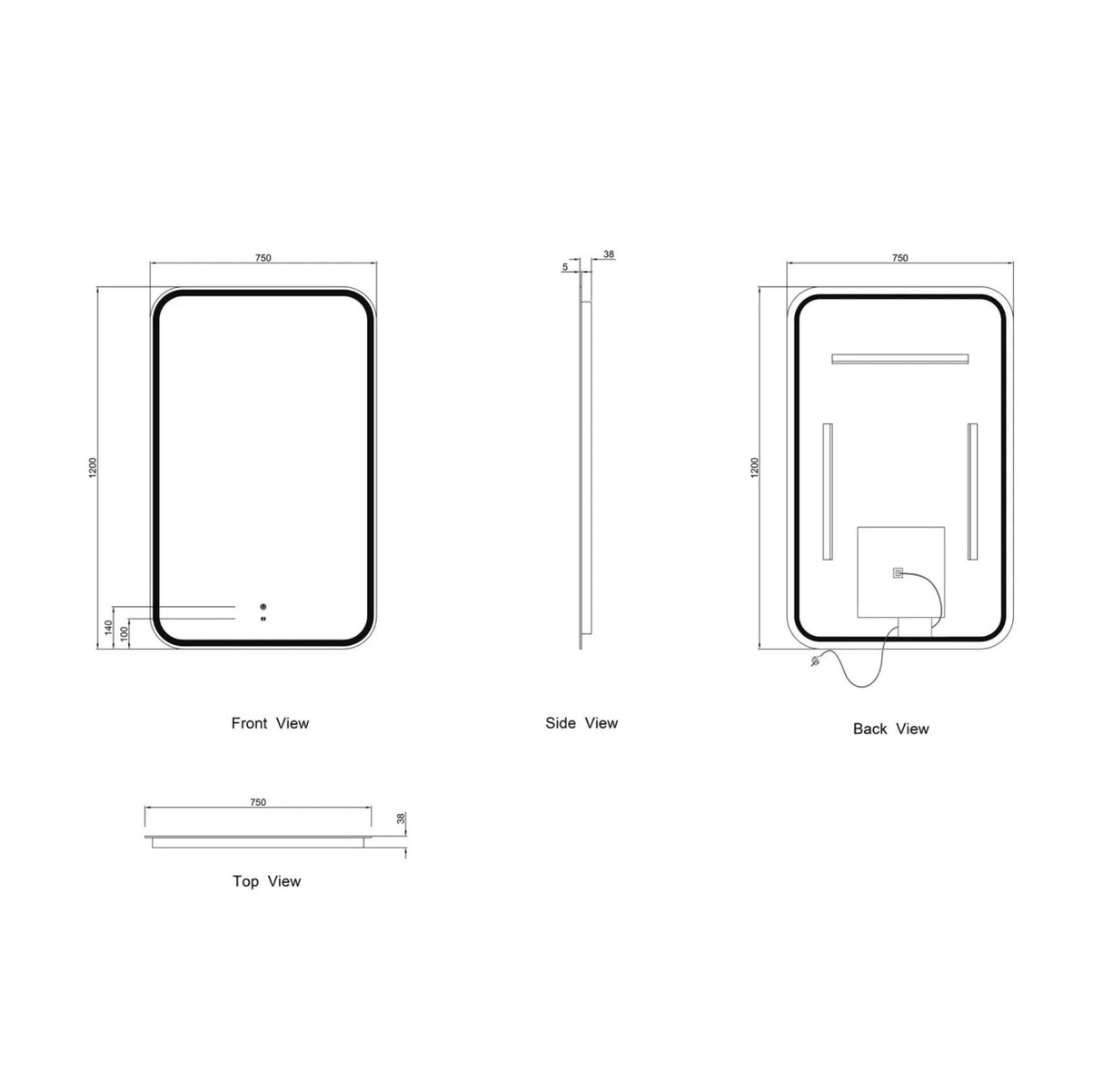 Technical drawings of a rectangular mirror from front, side, and back views with dimensions.