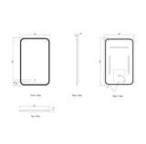 Technical drawings of a rectangular mirror from front, side, and back views with dimensions.