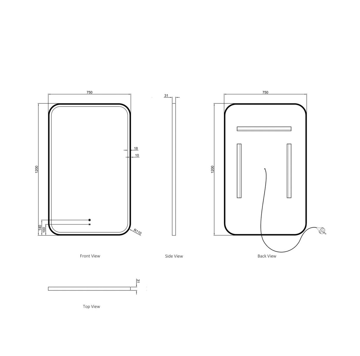 Technical drawing of a rectangular mirror with dimensions labeled