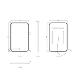 Technical drawing of a rectangular mirror with dimensions labeled