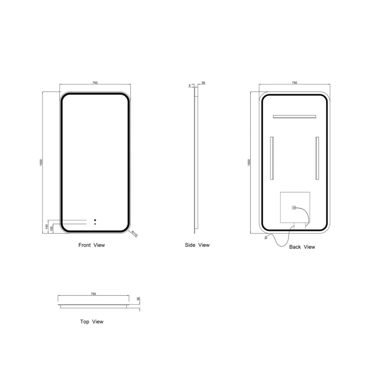 Technical drawing of a rectangular mirror with front, side, and back views.