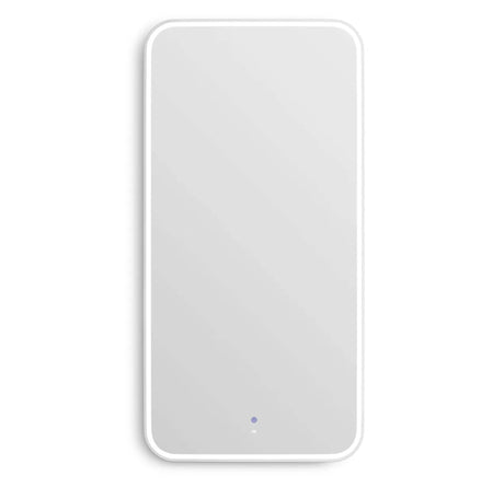 White rectangular mirror with a power button on a white background