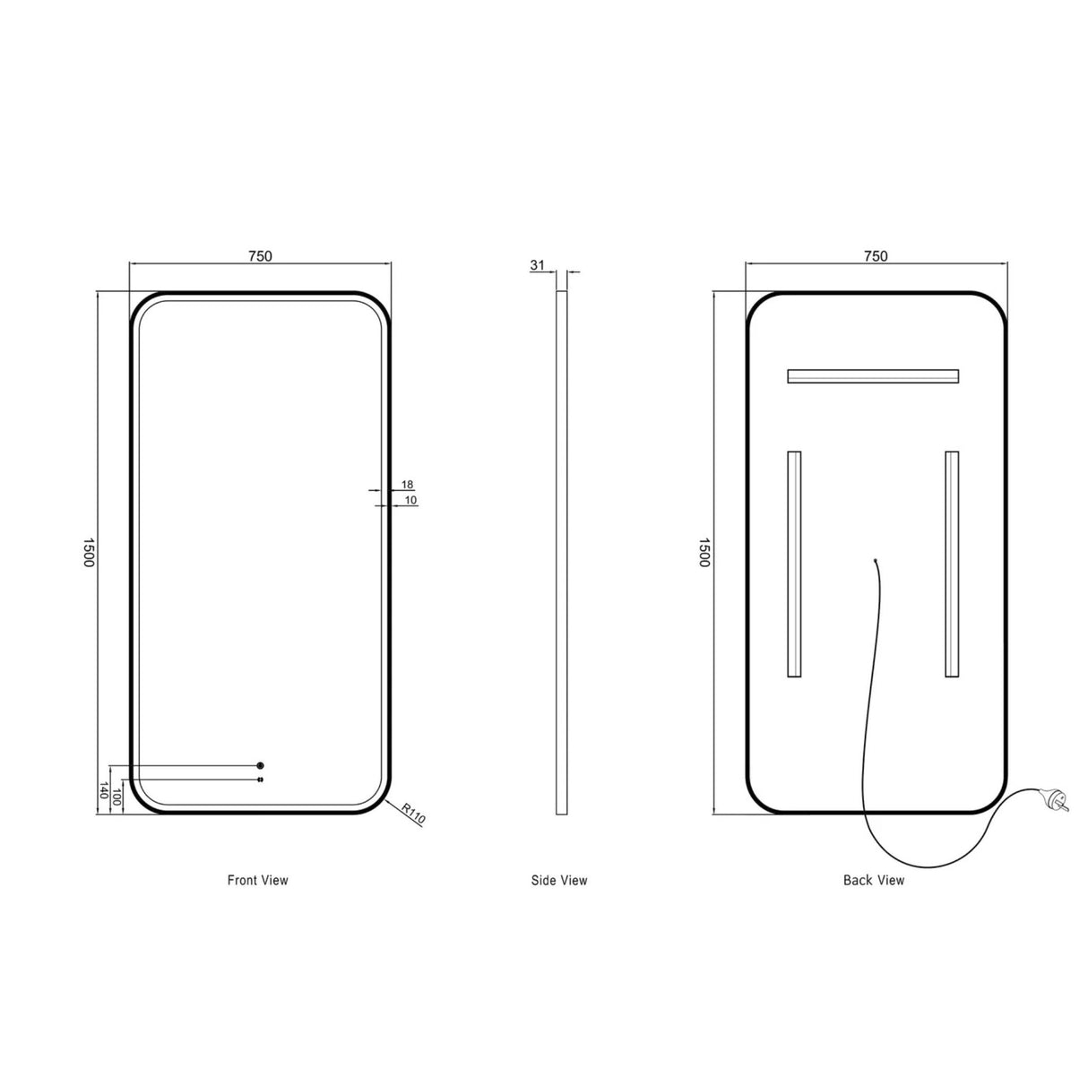 Technical drawing of a rectangular mirror with dimensions labeled