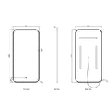 Technical drawing of a rectangular mirror with dimensions labeled