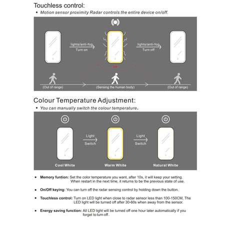 Diagram of touchless control and color temperature adjustment for a light fixture.