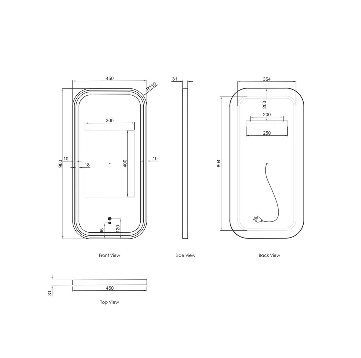 Technical drawing of a rectangular mirror with dimensions labeled from multiple angles.