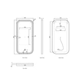 Technical drawing of a rectangular mirror with dimensions labeled from multiple angles.