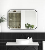 Bathroom with a large rectangular mirror above a sink, black tiles on the wall, and a plant.