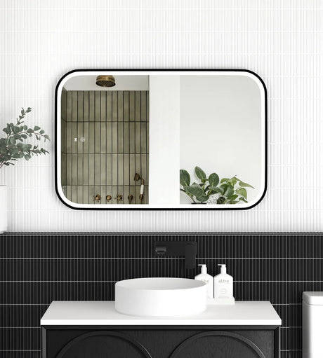 Bathroom with a large rectangular mirror above a sink, black tiles on the wall, and a plant.