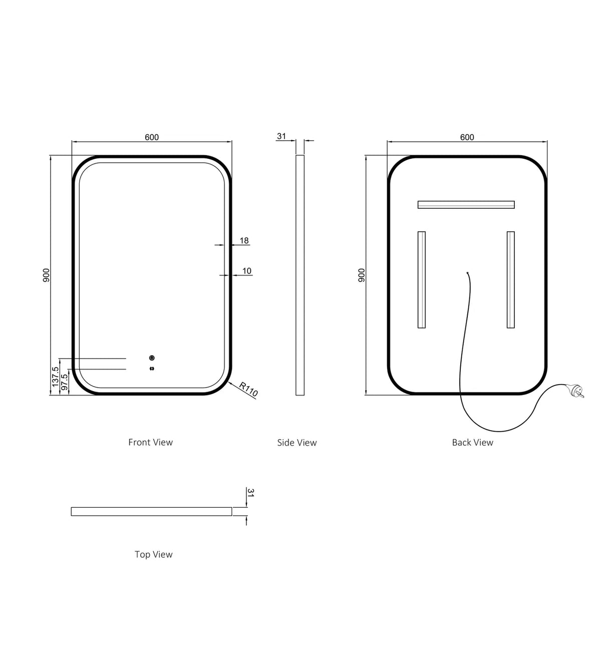 Technical drawing of a rectangular framed mirror with dimensions labeled