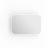 White rectangular device with a blue light on a white background