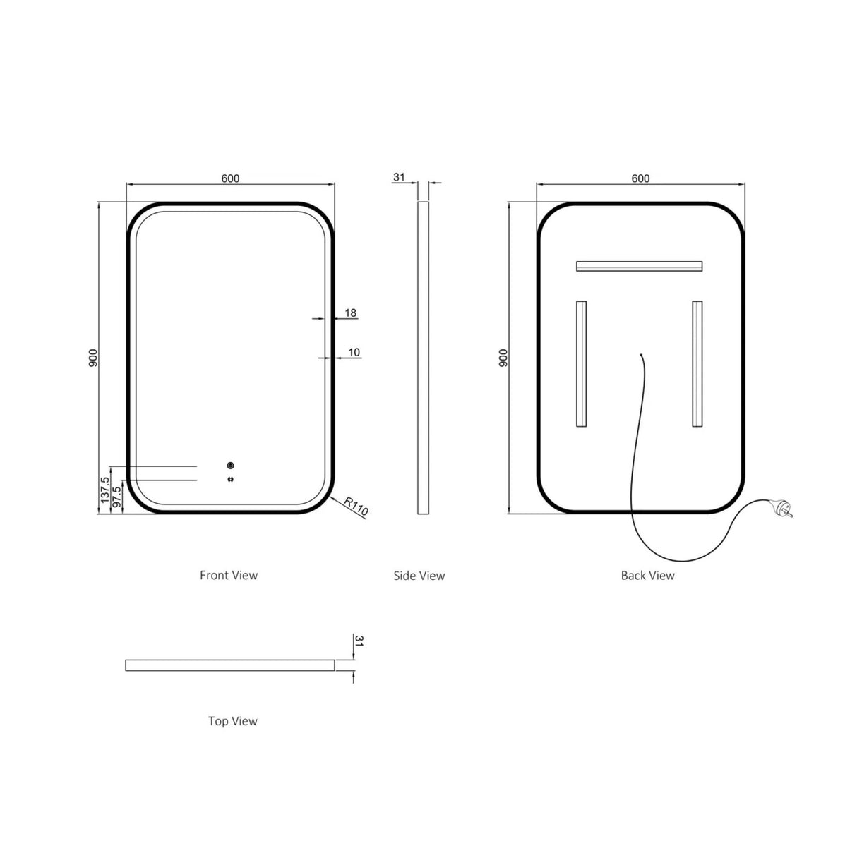 Technical drawing of a rectangular mirror with dimensions labeled