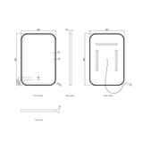 Technical drawing of a rectangular mirror with dimensions labeled