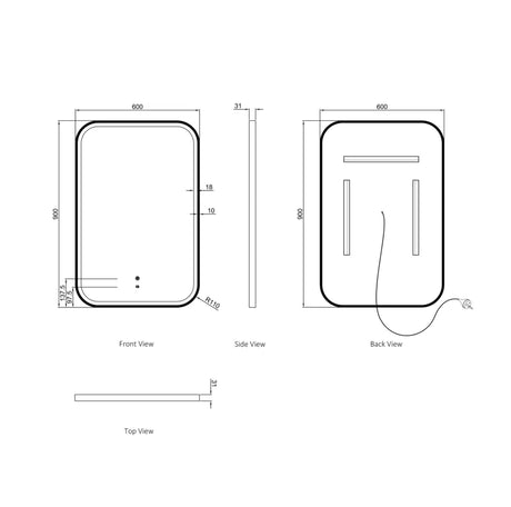 Technical drawing of a rectangular mirror with dimensions labeled