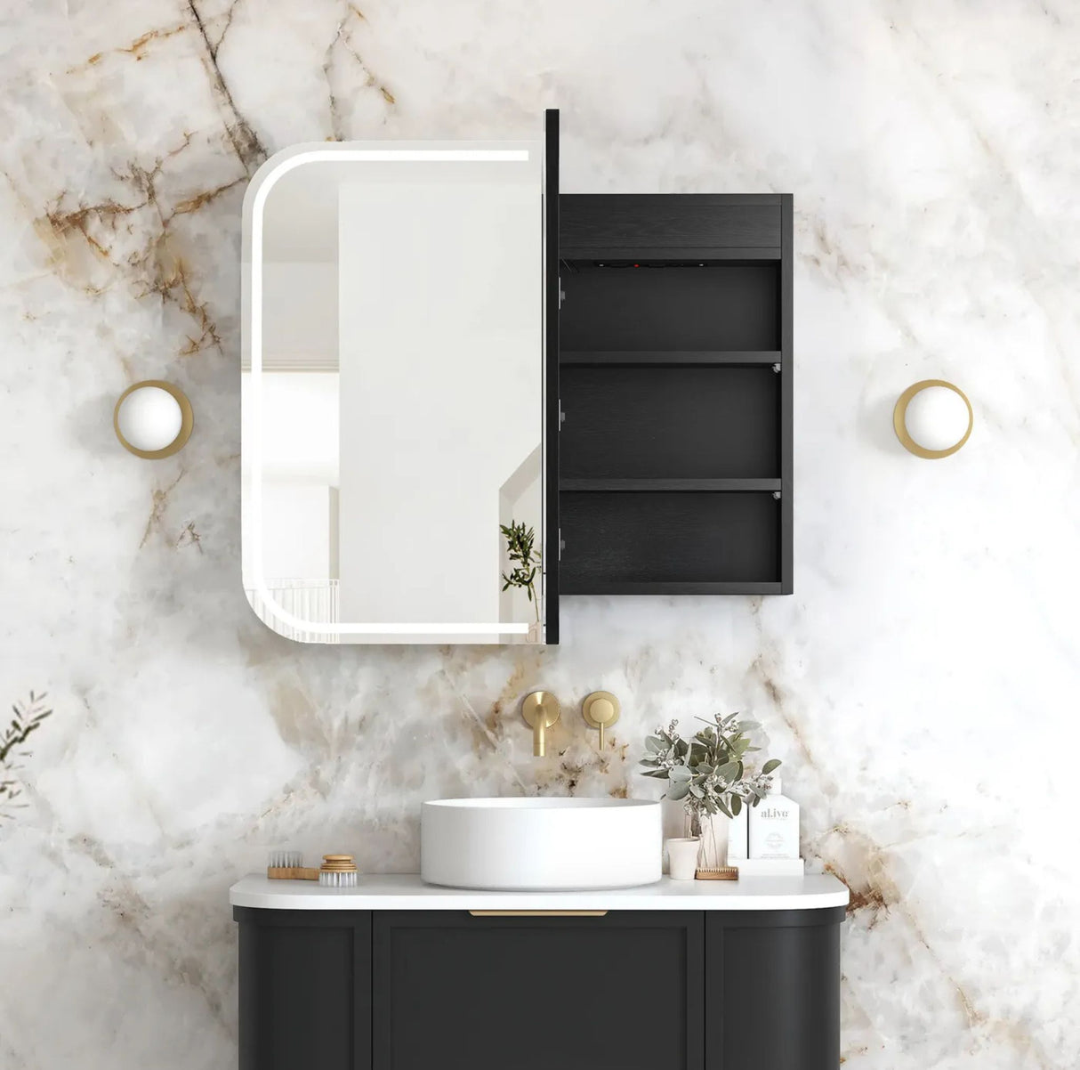 LED Newport 900x750mm Black Oak Shaving Cabinet