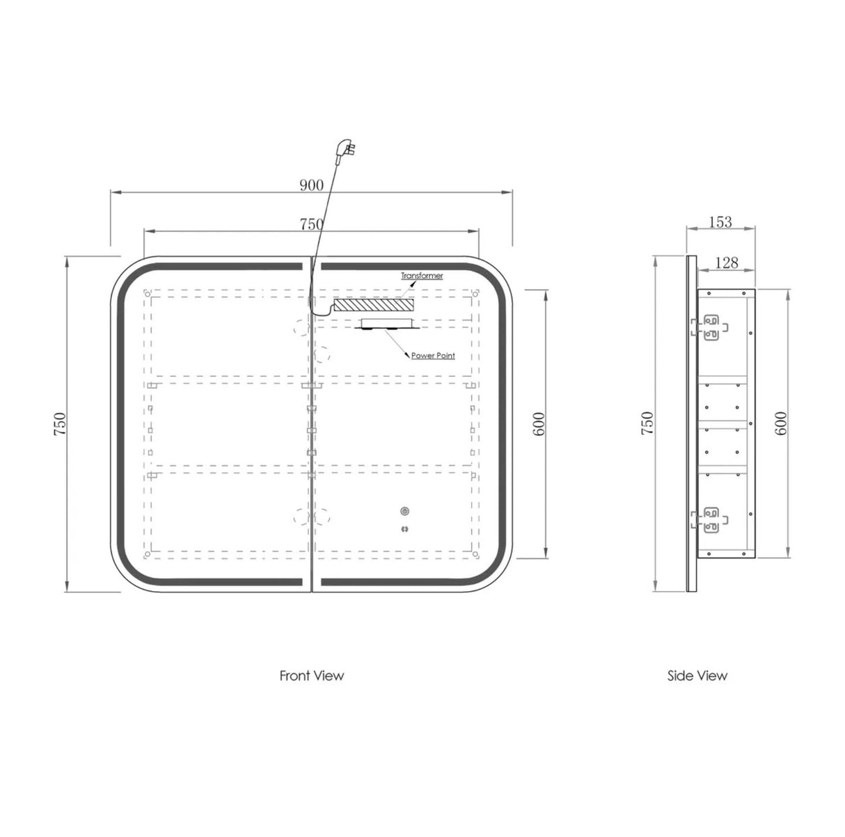 Technical drawing of a rectangular shaving cabinet with dimensions labeled