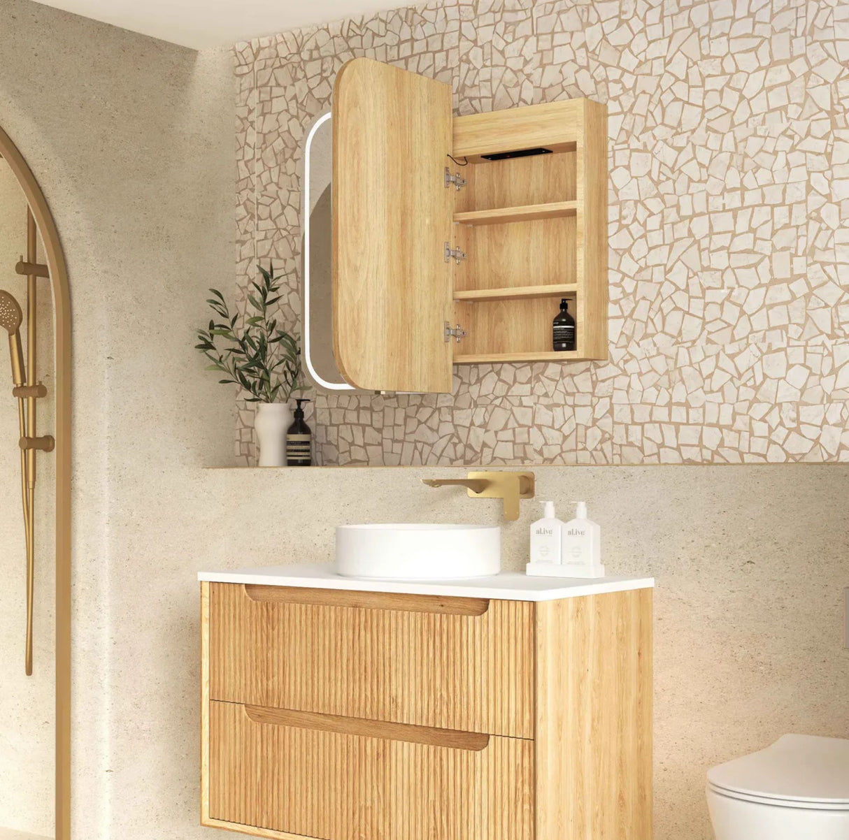 Bathroom with wooden vanity, mirror, and decorative wall tiles