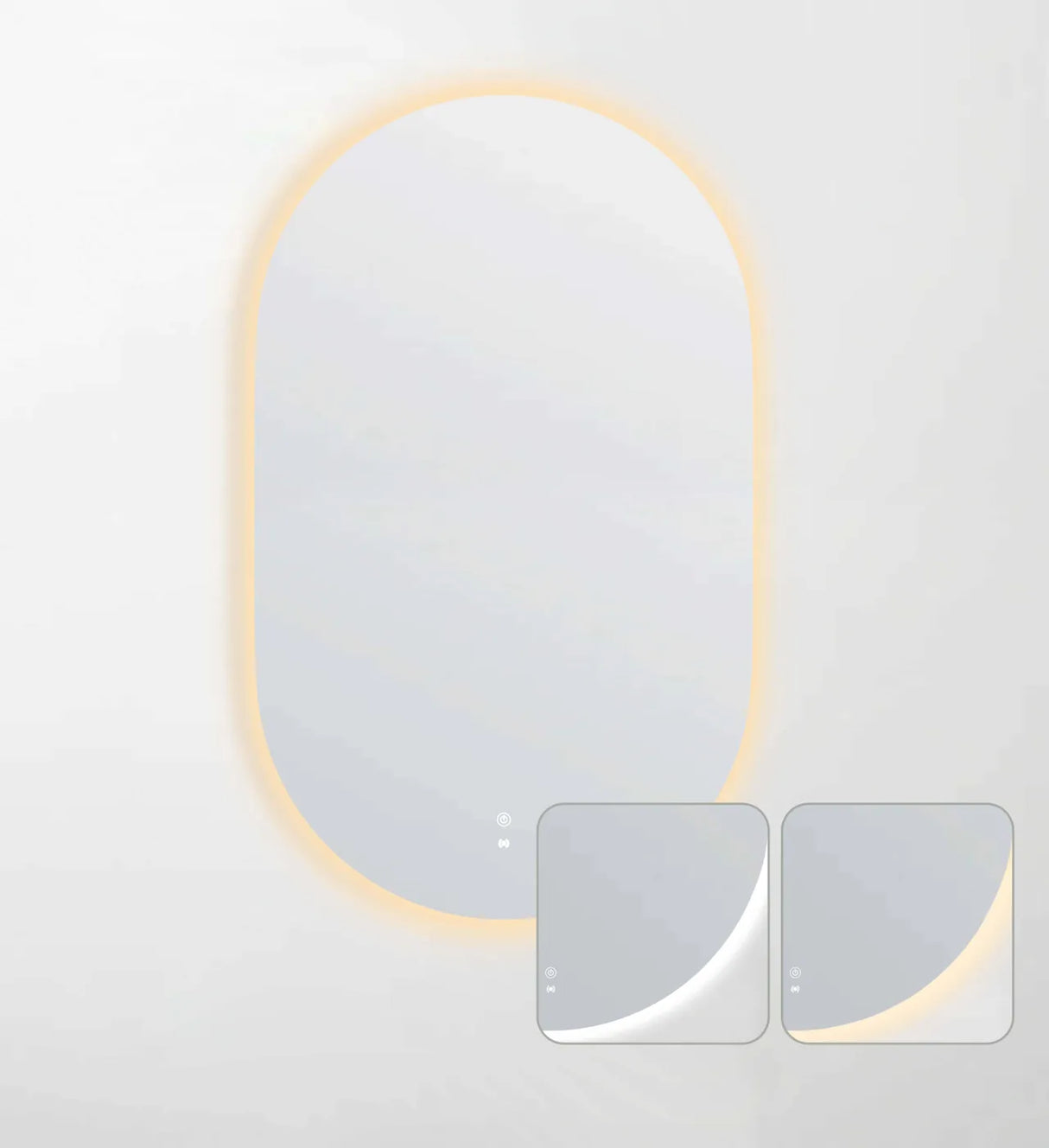 LED Noosa frameless mirror (1200x750) with adjustable warm and cool lighting. Inset images display the lighting variations, highlighting the mirror's versatility for different moods and interiors.