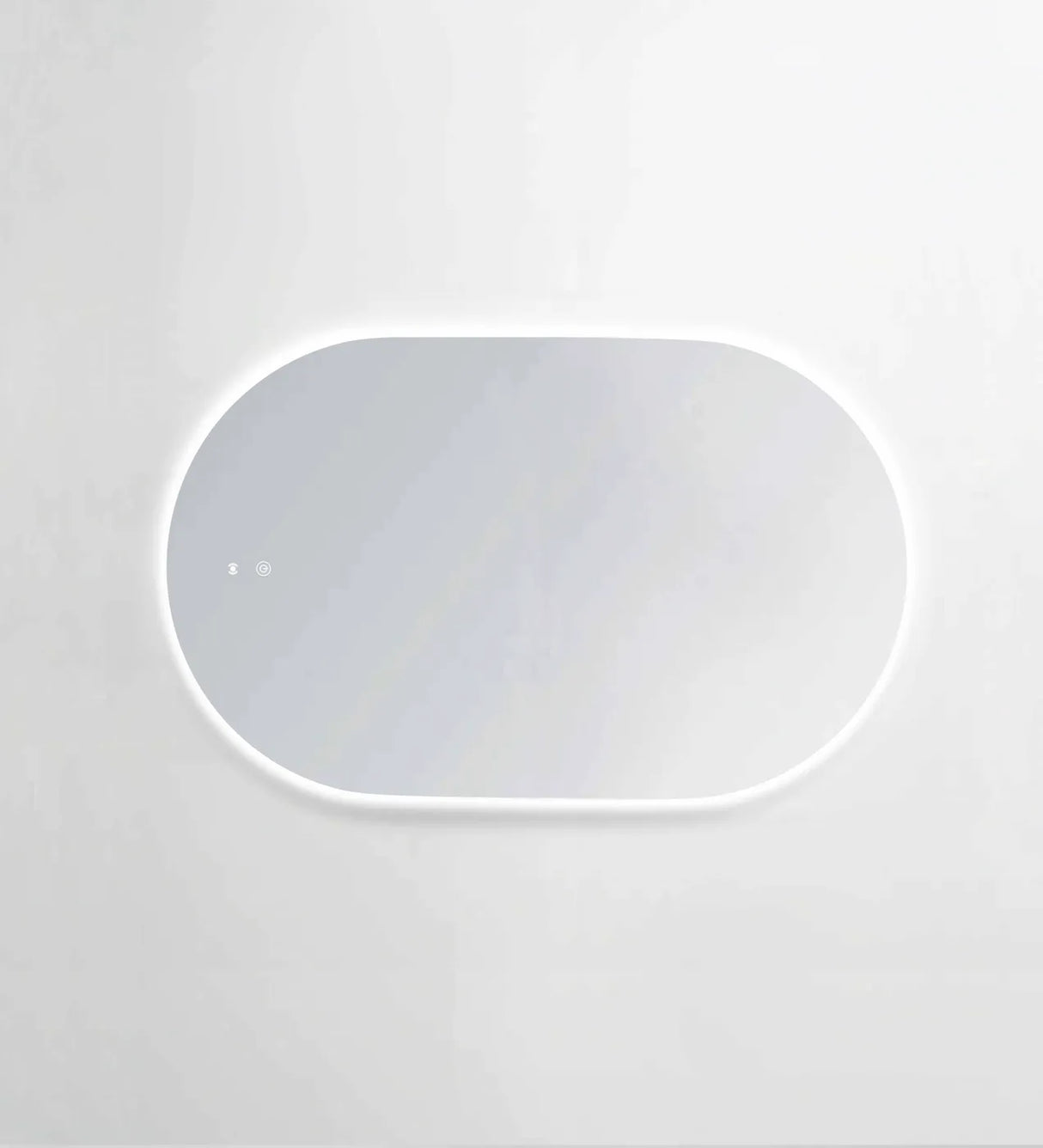 Minimalist LED Noosa frameless oval mirror (1200x750) with soft ambient lighting, mounted against a clean white background. Its sleek, frameless design and touch control features make it perfect for modern bathrooms.