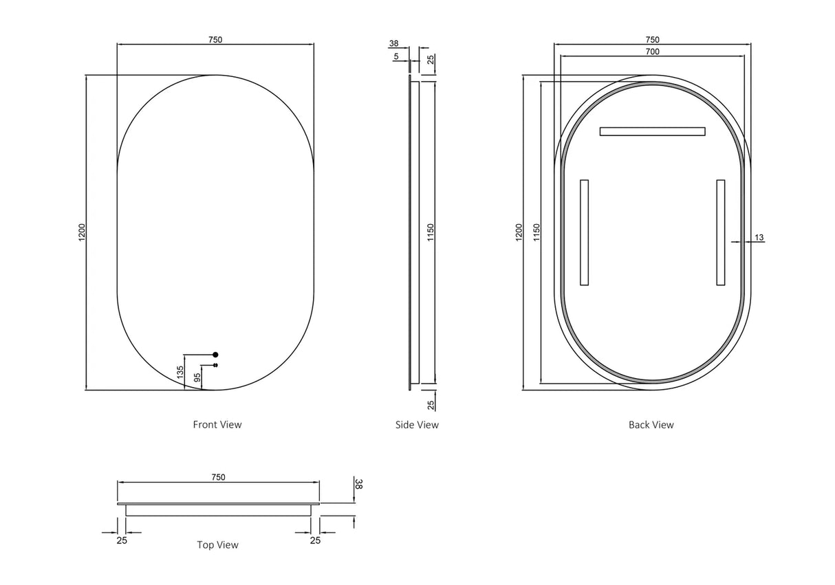 led noosa 1200x750 frameless mirror front and back view drawing