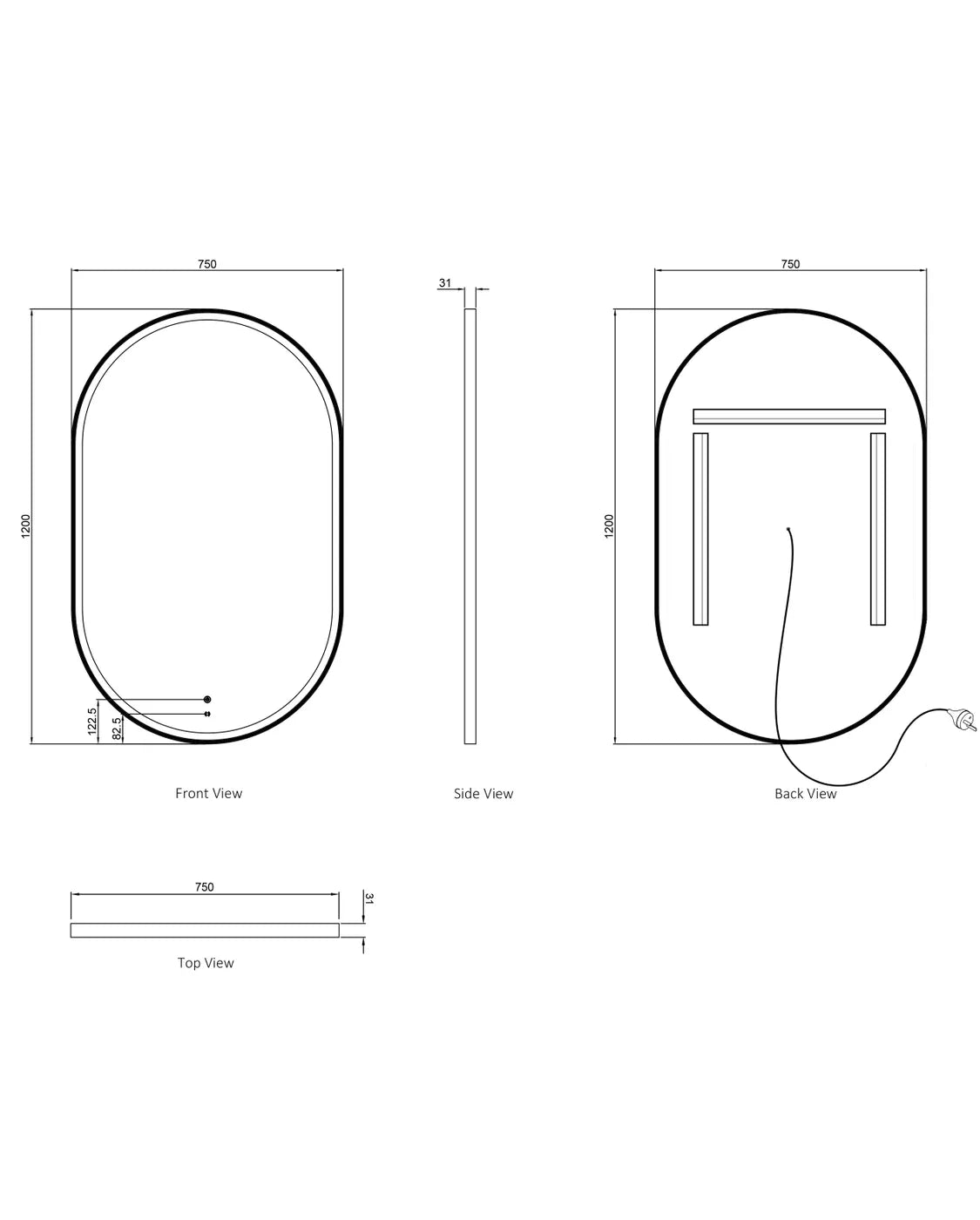 front and back view of led noosa 1200x750 white metal frame mirror drawing