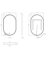 front and back view of led noosa 1200x750 white metal frame mirror drawing