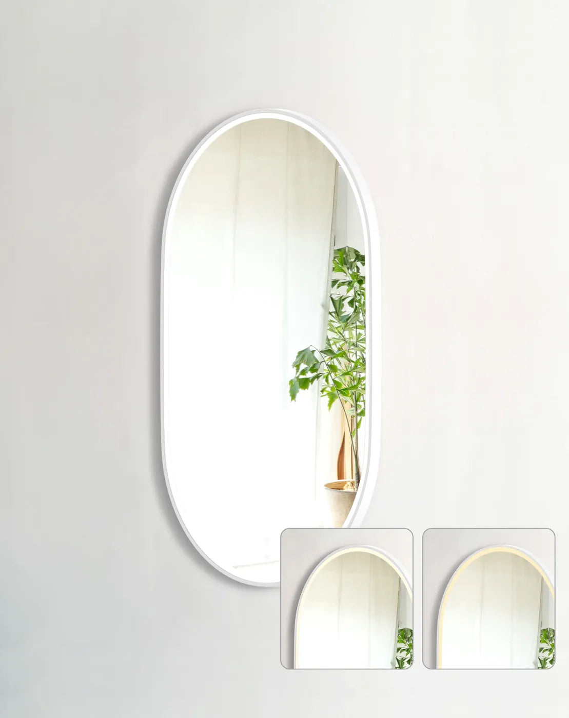 LED Noosa oval mirror (1200x750) with a white metal frame, featuring touch controls and adjustable warm and cool lighting. The inset images highlight the lighting variations, emphasizing the mirror's versatility in modern interiors.