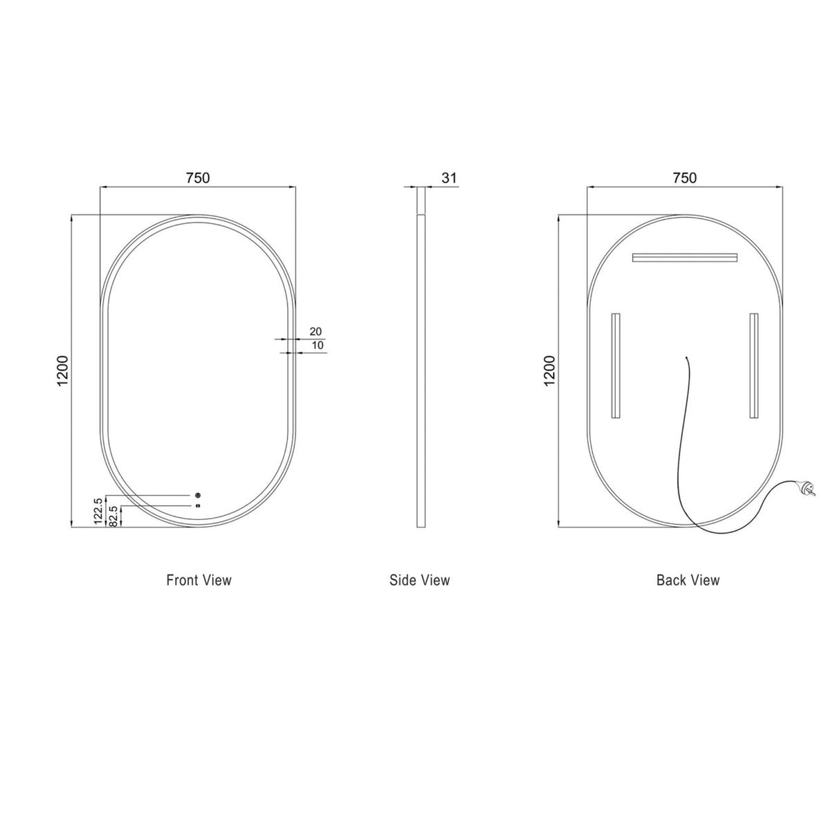 Technical drawing of a rectangular object with dimensions labeled