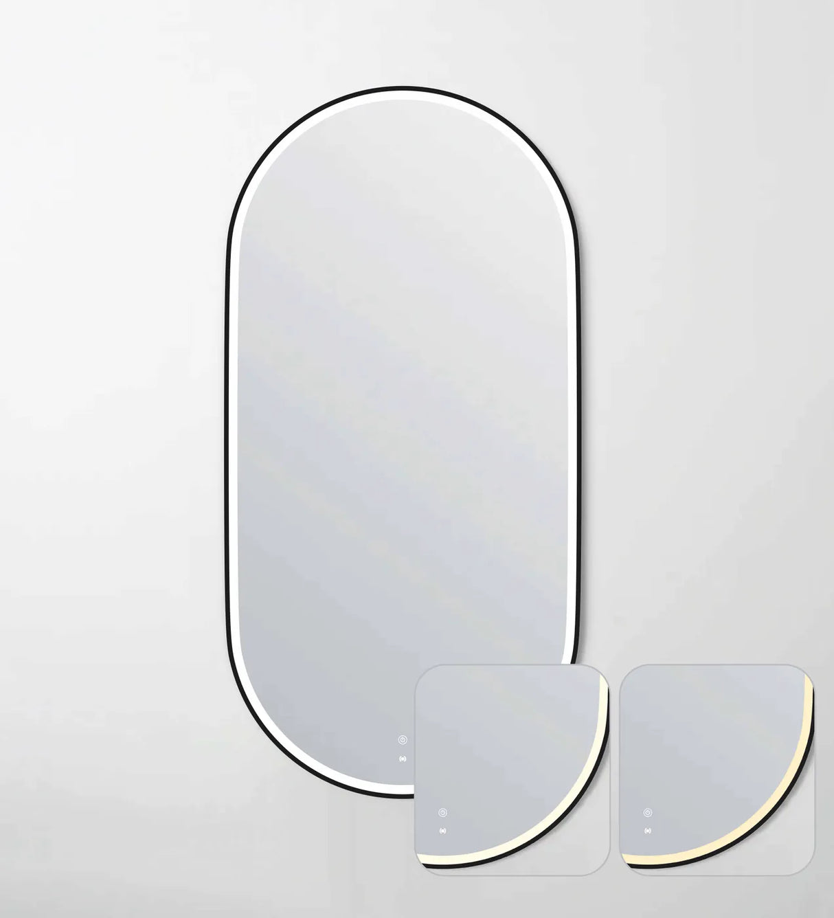 LED Noosa oval mirror with a black metal frame, featuring touch controls and adjustable warm and cool lighting tones. The inset images highlight the mirror's lighting variations and frameless design, making it ideal for versatile bathroom aesthetics.