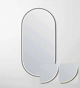 LED Noosa oval mirror with a black metal frame, featuring touch controls and adjustable warm and cool lighting tones. The inset images highlight the mirror's lighting variations and frameless design, making it ideal for versatile bathroom aesthetics.