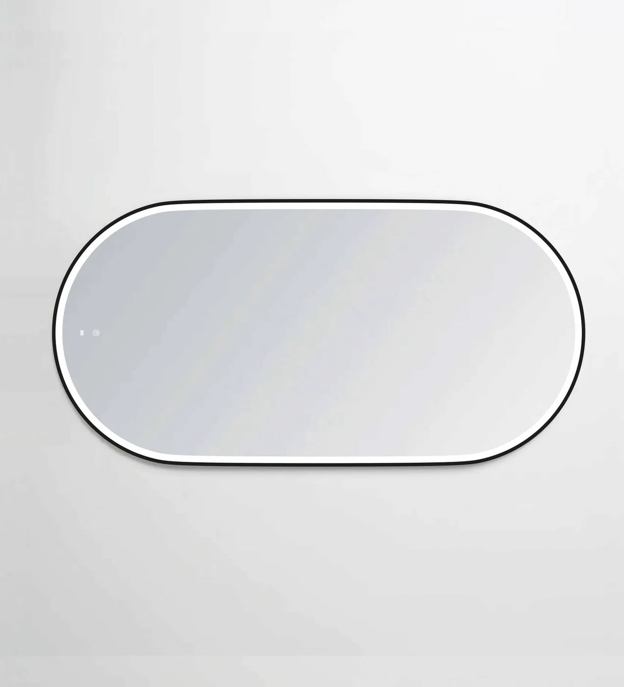 LED Noosa mirror (1500x750) with a black metal frame, displayed against a clean white background. The minimalist design includes touch controls on the mirror surface for adjusting ambient lighting, perfect for modern spaces.