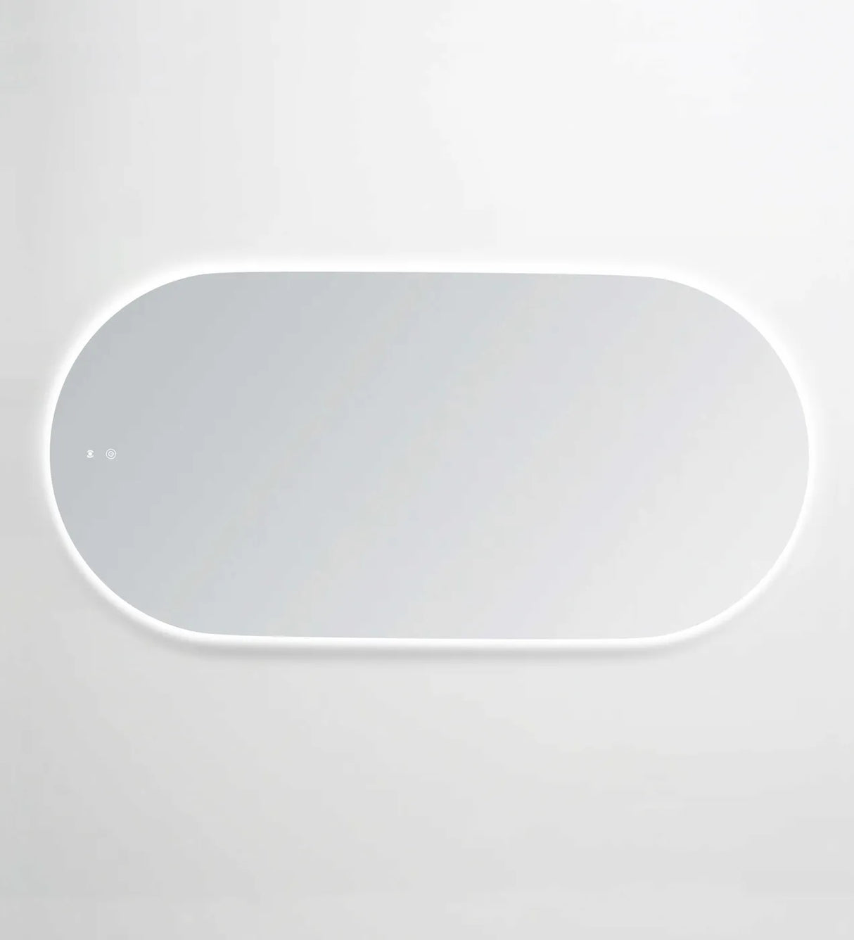 LED Noosa frameless mirror (1500x750) with a sleek oval design and soft backlighting in horizaontal. The mirror includes discreet touch controls at the bottom, blending functionality and elegance for a minimalist aesthetic.