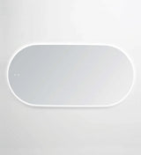 LED Noosa frameless mirror (1500x750) with a sleek oval design and soft backlighting in horizaontal. The mirror includes discreet touch controls at the bottom, blending functionality and elegance for a minimalist aesthetic.