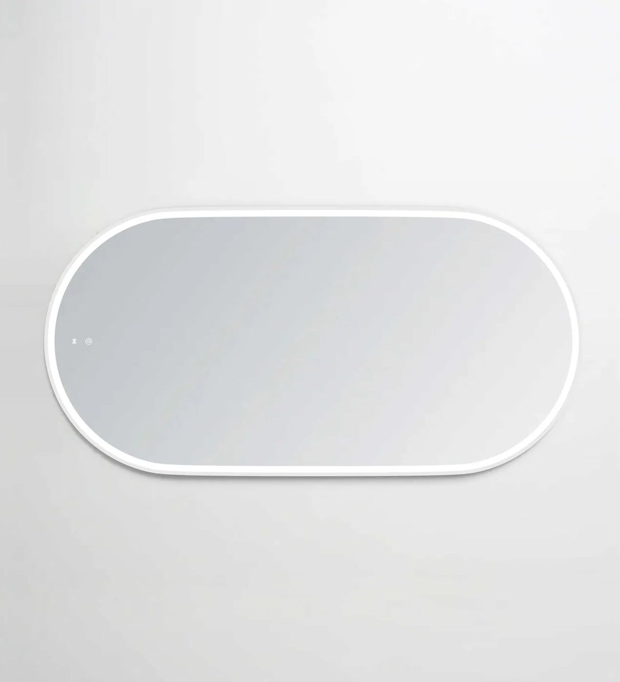 LED frameless oval mirror with a white metal frame, featuring soft ambient backlighting and a sleek, modern design. The mirror includes discreet touch controls on the surface for seamless operation, ideal for contemporary bathroom or dressing spaces.