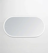 LED frameless oval mirror with a white metal frame, featuring soft ambient backlighting and a sleek, modern design. The mirror includes discreet touch controls on the surface for seamless operation, ideal for contemporary bathroom or dressing spaces.