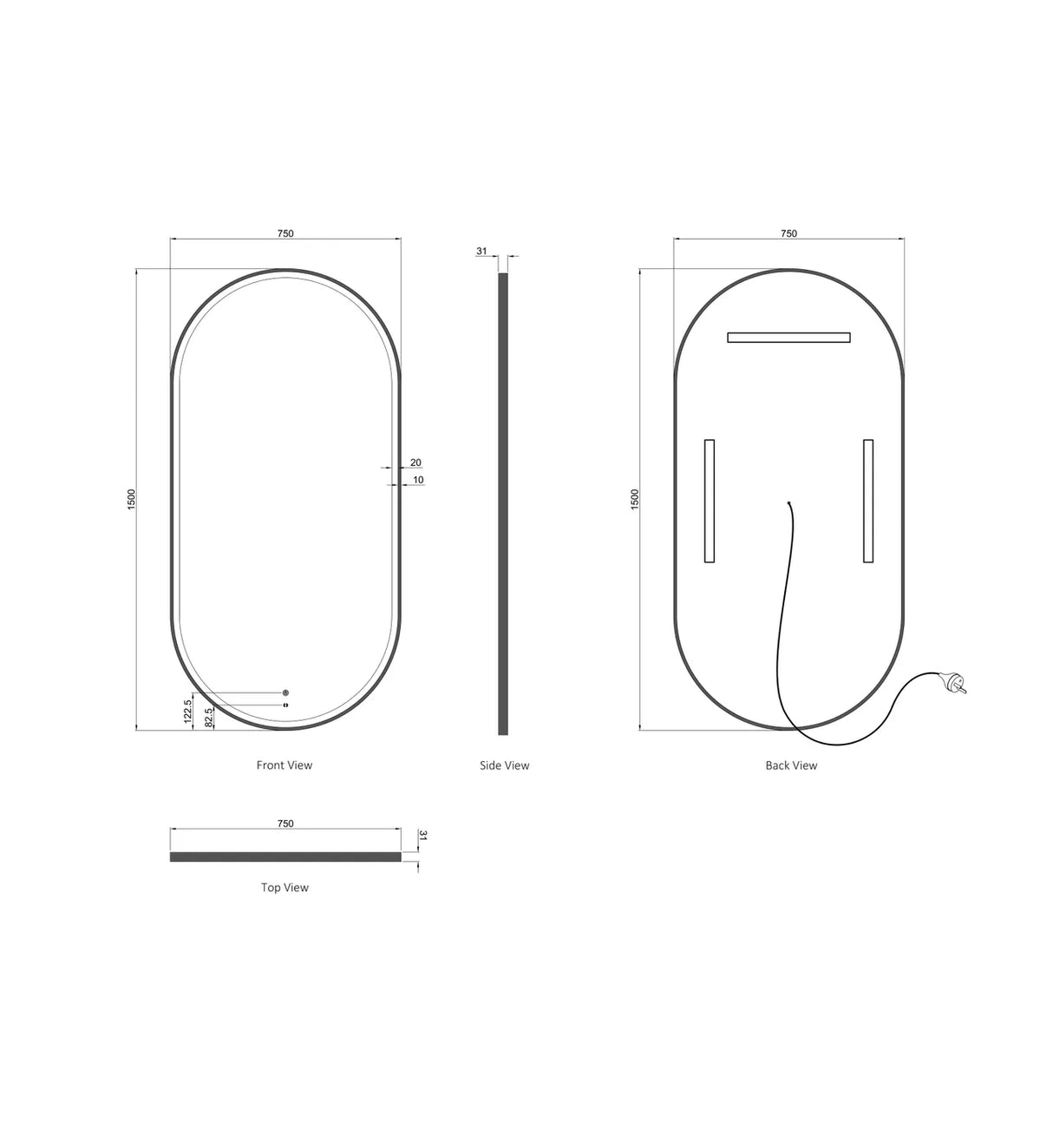 led noosa 1500x750 white metal frame mirror front and back view drawing