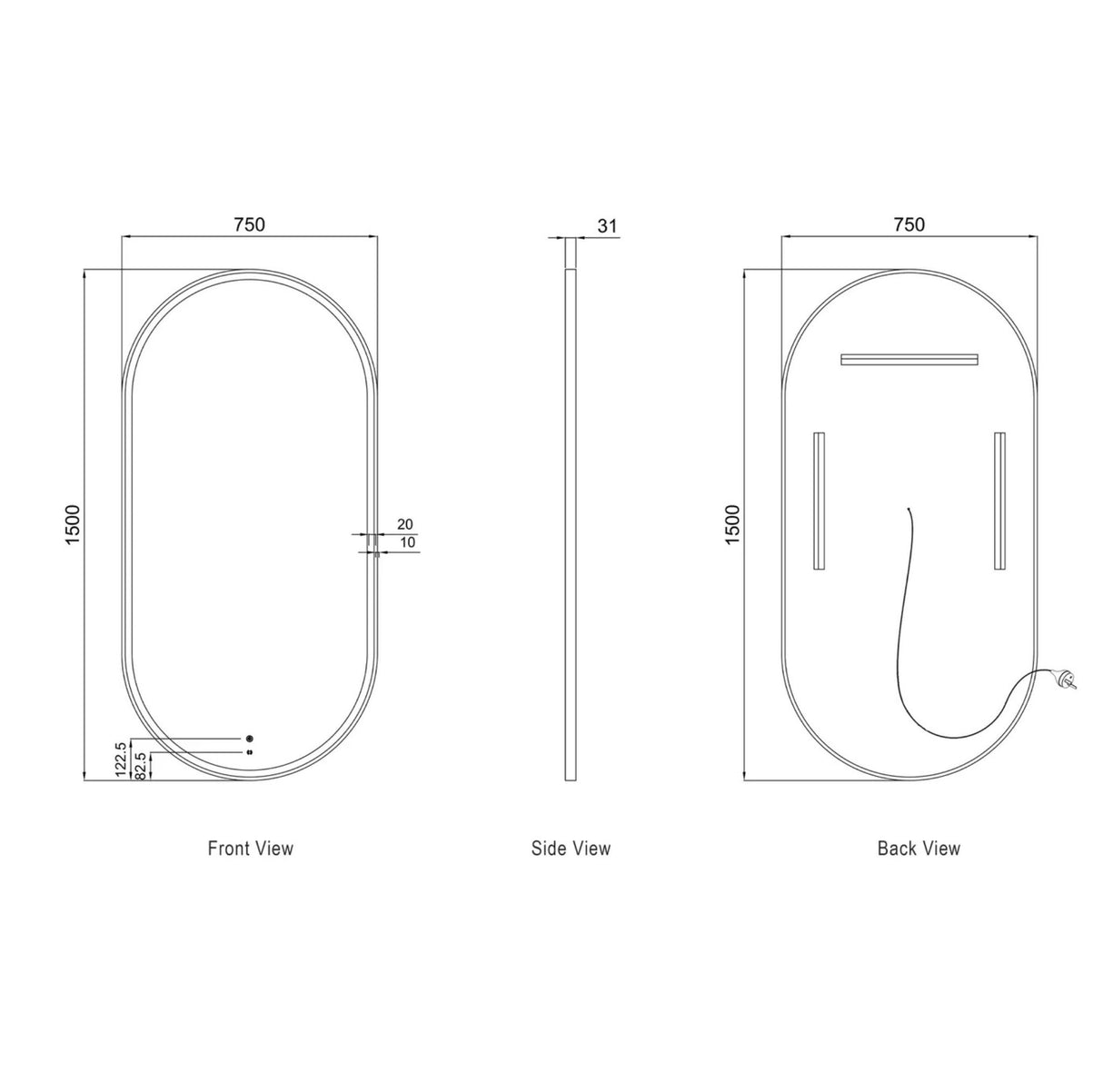Technical drawing of a oval mirror with dimensions labeled