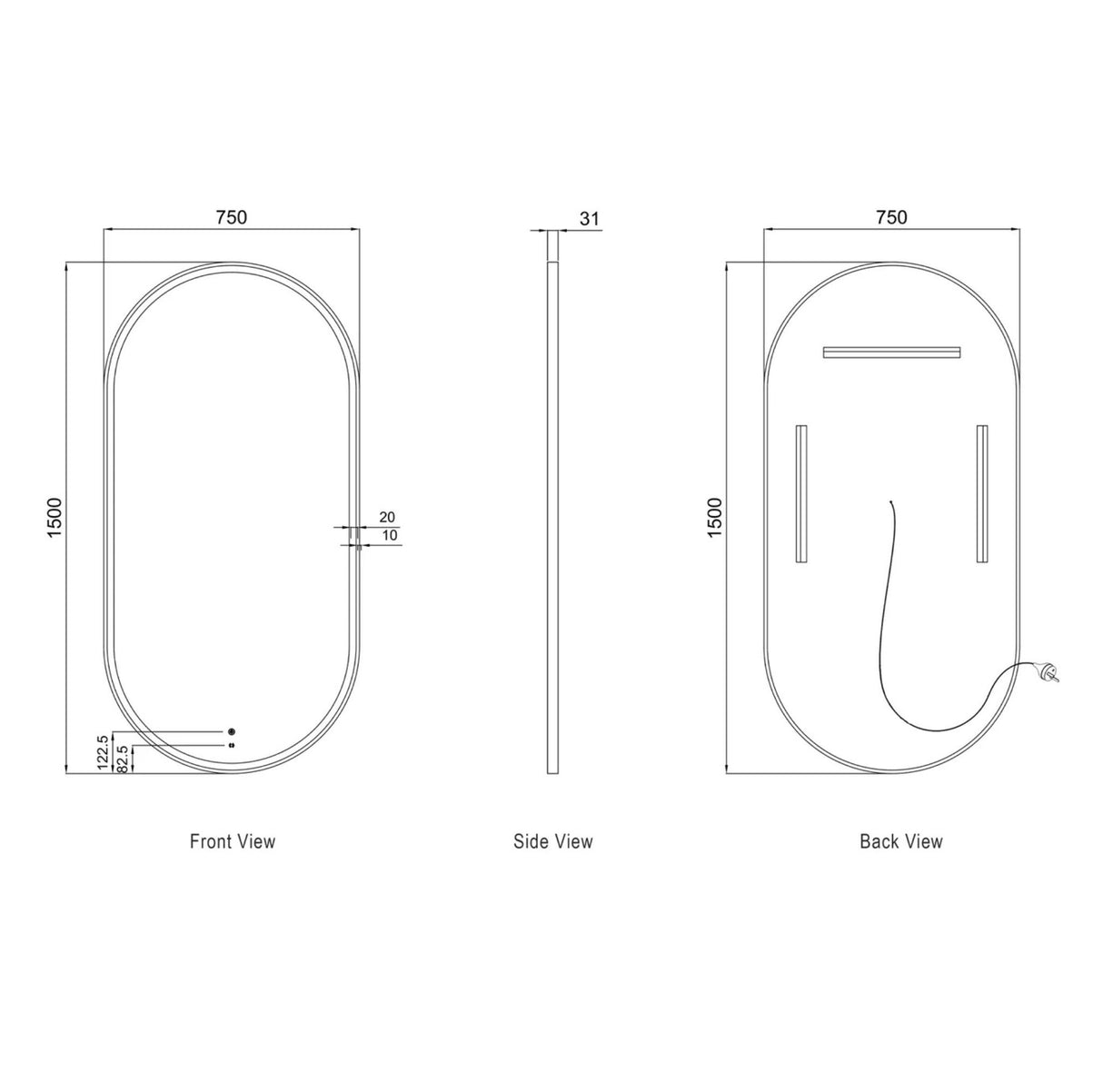 Technical drawing of a oval mirror with dimensions labeled