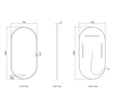 Technical drawing of a oval mirror with dimensions labeled