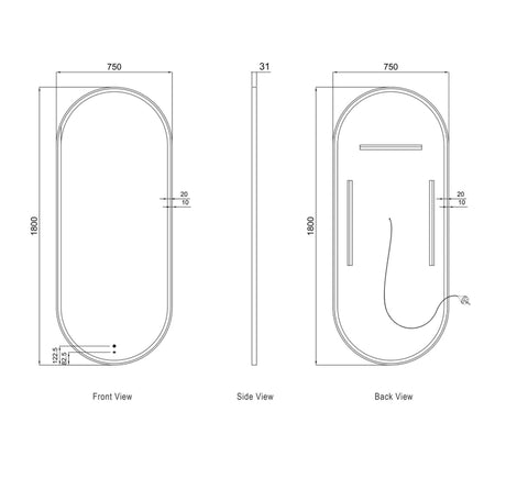 Technical drawing of a oval mirror with dimensions labeled