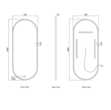 Technical drawing of a oval mirror with dimensions labeled