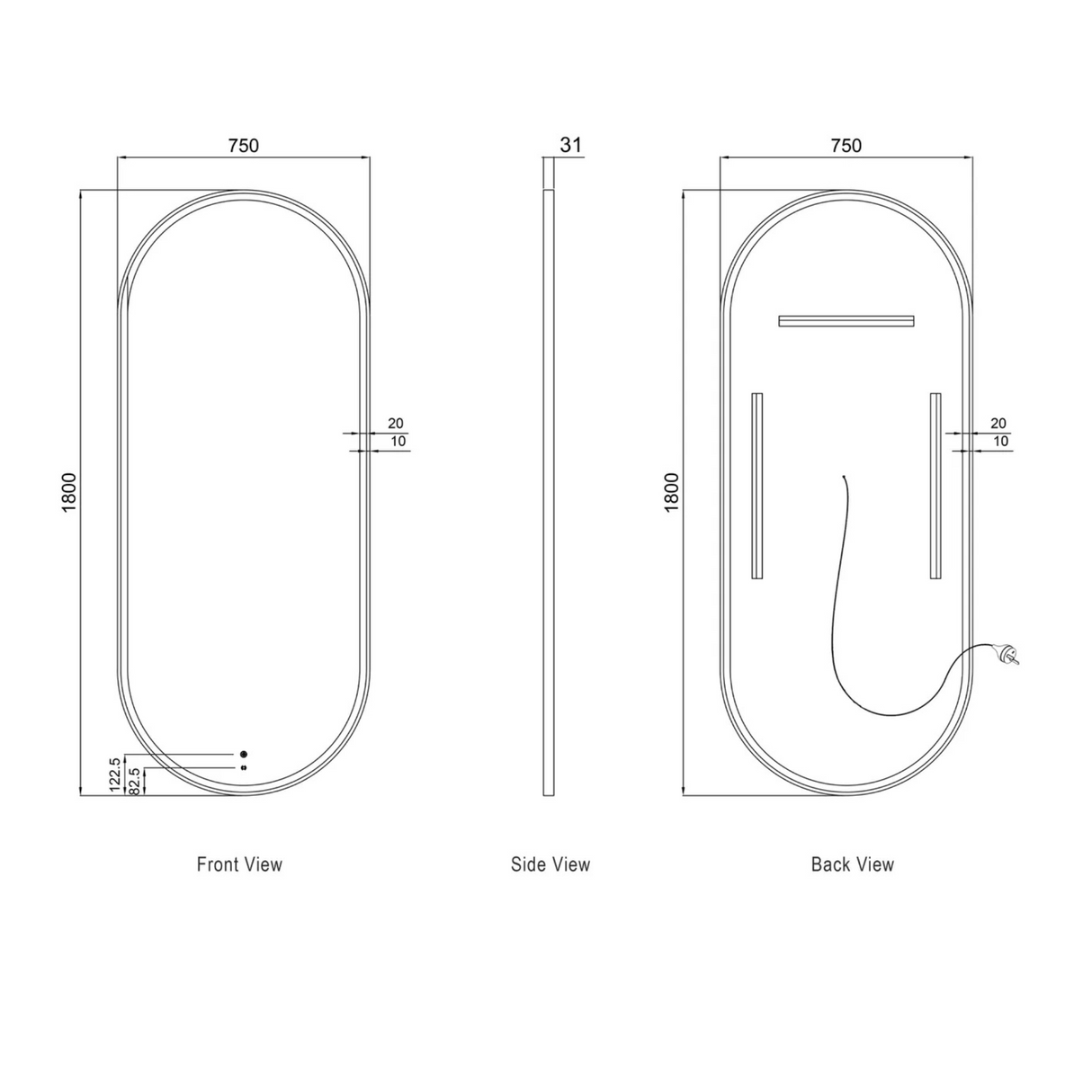 Technical drawing of a oval mirror with dimensions labeled