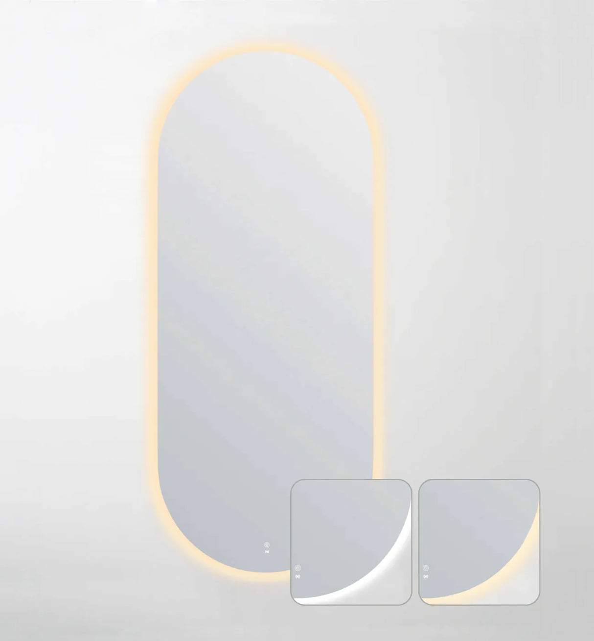 LED frameless mirror with an oval design, featuring soft ambient backlighting in a warm tone. The mirror includes touch controls for brightness and lighting adjustments, as shown in the two inset images highlighting the control features and reflective clarity.