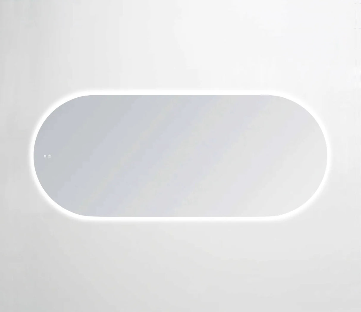 LED frameless mirror with a sleek oval design, featuring soft white ambient backlighting. The minimalist style is enhanced by touch controls discreetly positioned on the mirror surface for seamless operation, ideal for modern interiors.