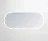 LED frameless mirror with a sleek oval design, featuring soft white ambient backlighting. The minimalist style is enhanced by touch controls discreetly positioned on the mirror surface for seamless operation, ideal for modern interiors.