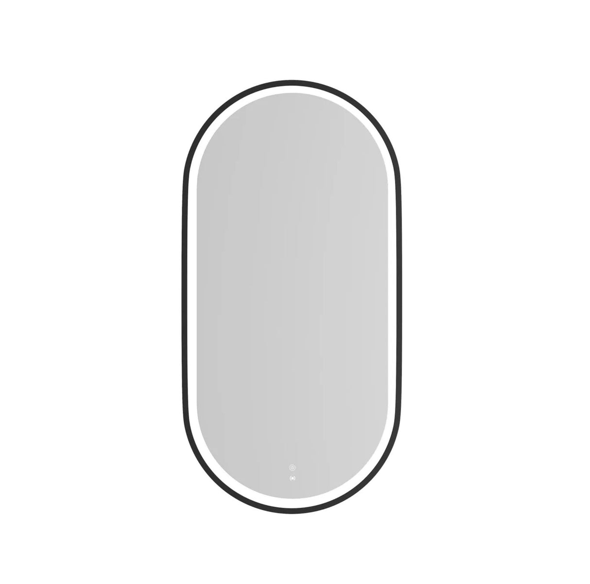 oval mirror with a black frame on a white background